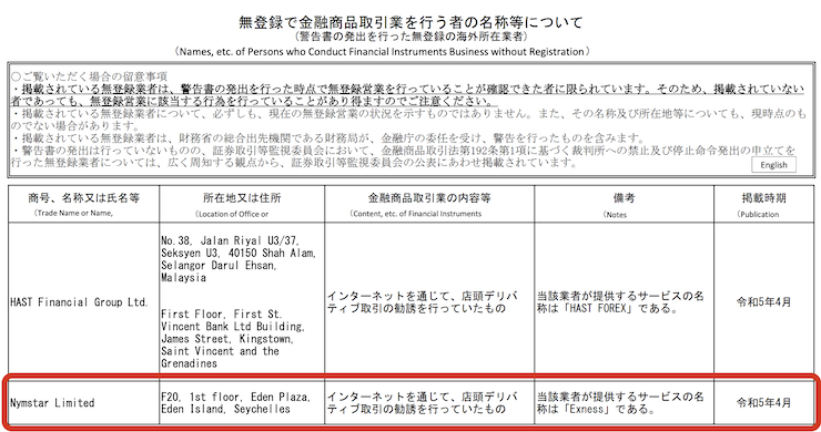 金融庁からExnessへの警告