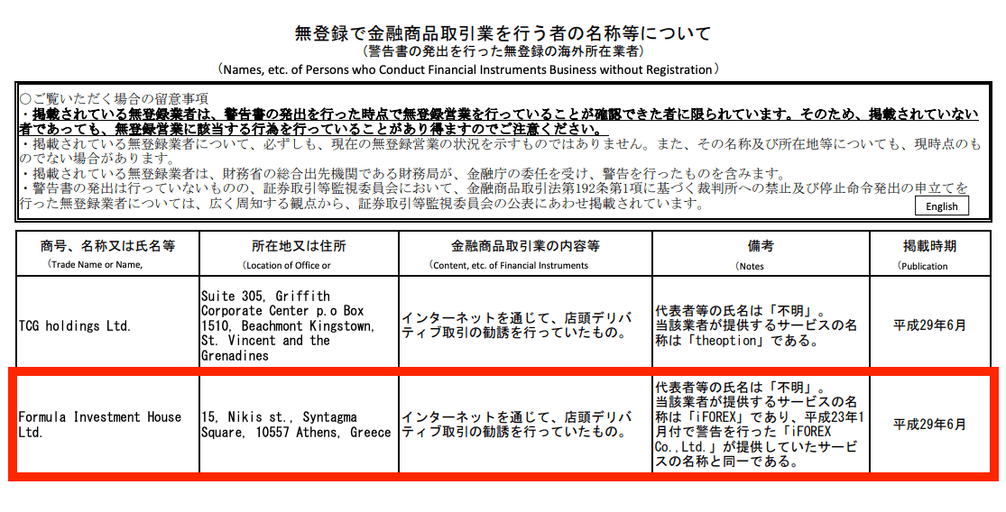 金融庁からiforexへの警告